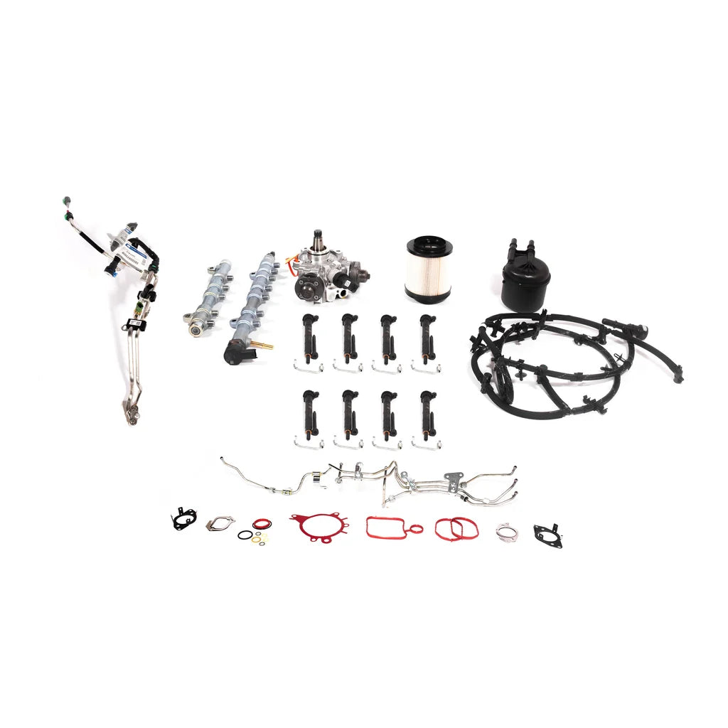 A complete mechanical parts kit laid out on a white background, including metal rods, black hoses, a cylindrical filter, small clips, red and black gaskets, and other automotive components.
GCL SSfueled DCR 6.7 Ford PowerStroke Fuel Pump Injector Contamination Kit Canadian Dirty Diesel Online Made In Canada USA only at Hell On Wheels Performance Diesel Parts